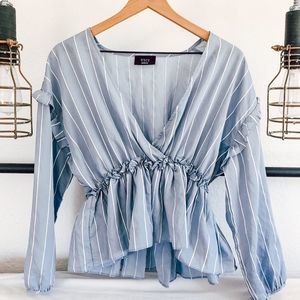 Vici Peplum Pinstripe Ruffle Hem V-Neck Blouse